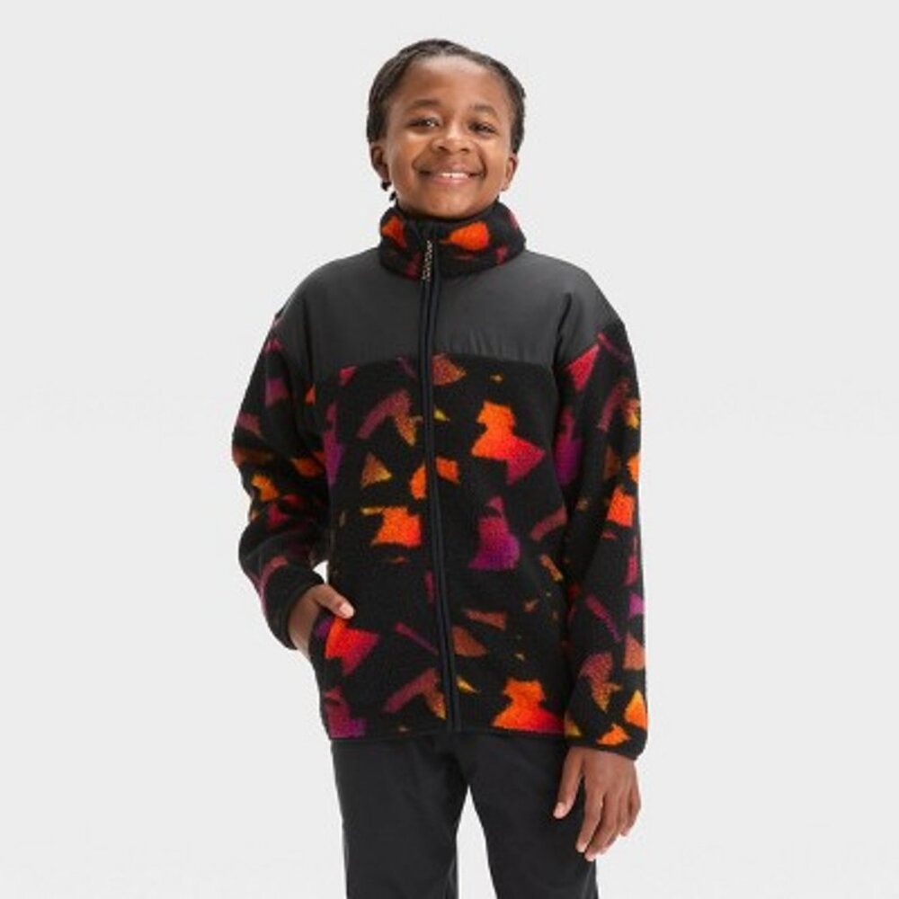 Boys' High Pile Cozy Full Zip Sweatshirt - All In Motion Black/Orange- NWT